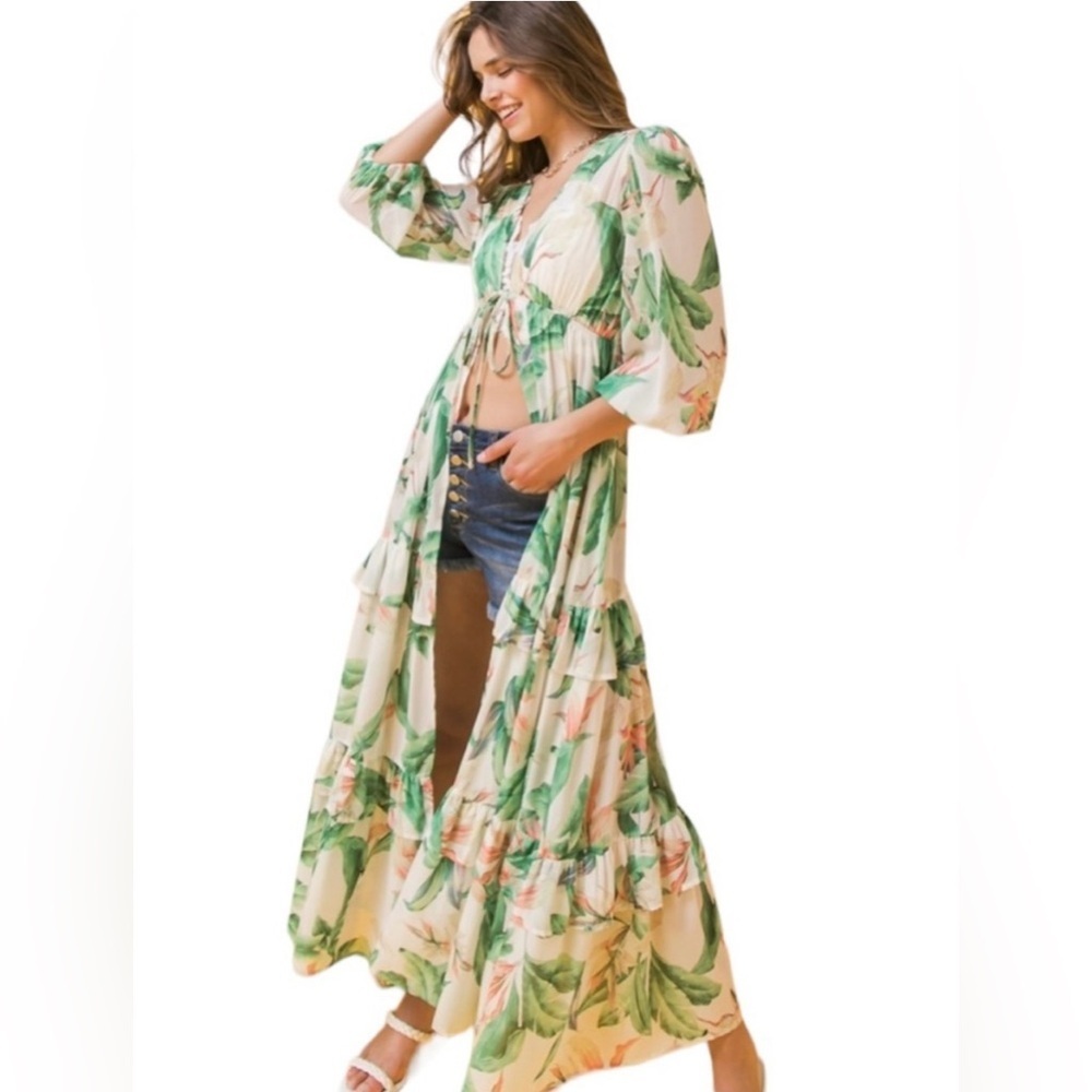 NWOT Floral Green and Cream Printed Maxi Flowy Kimono Top Size Medium - Picture 2 of 9